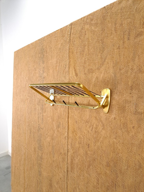 Image 1 of Coat Rack Gold With Hooks And Shelf, No. 9, Vintage Wall Coat Rack