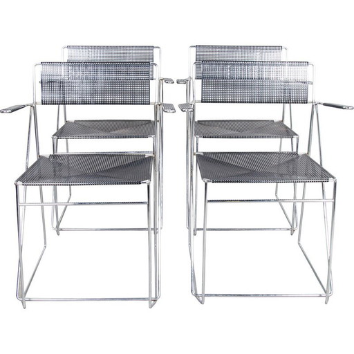 Set of 4 vintage chrome steel dining chairs by Niels Jørgen Haugesen for Hybodan A/S, Denmark 1977