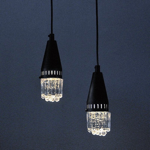 Pair of vintage glass pendant lamp in black metal and glass, 1960