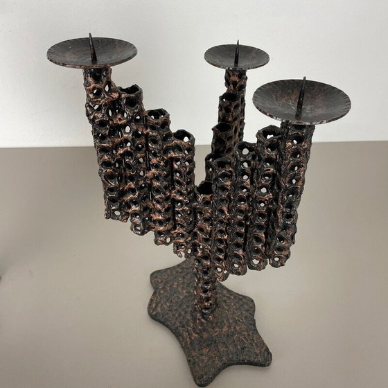 Image 1 of Pair of vintage brutalist metal candlesticks, France 1970s