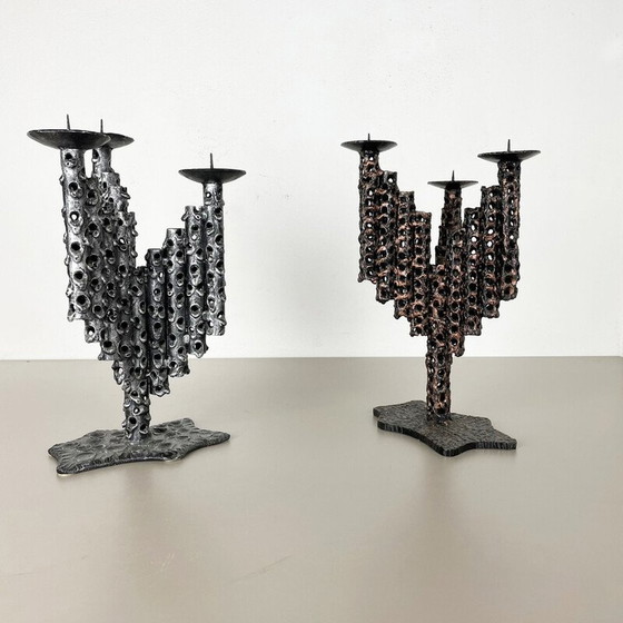 Image 1 of Pair of vintage brutalist metal candlesticks, France 1970s