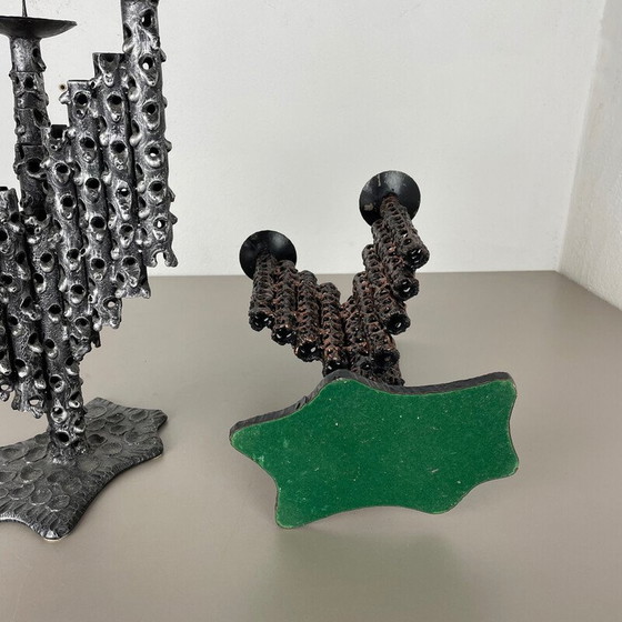 Image 1 of Pair of vintage brutalist metal candlesticks, France 1970s