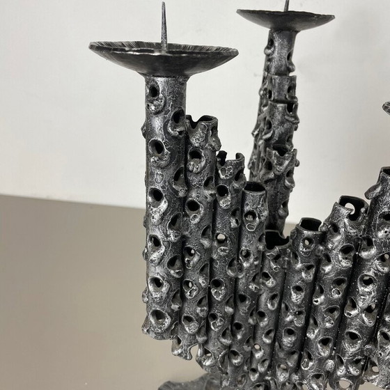 Image 1 of Pair of vintage brutalist metal candlesticks, France 1970s