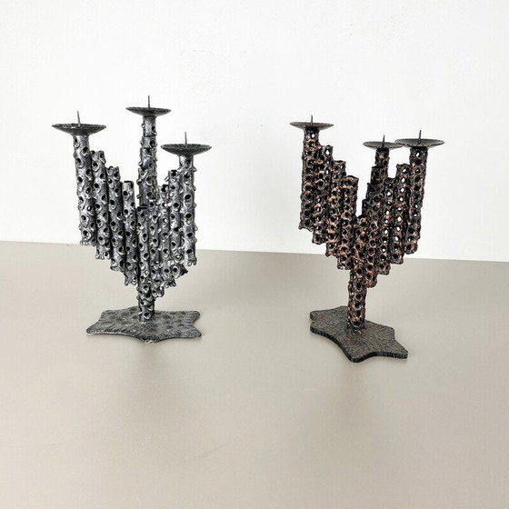 Image 1 of Pair of vintage brutalist metal candlesticks, France 1970s