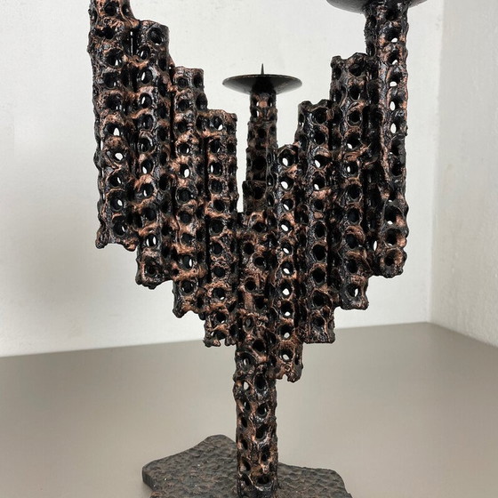 Image 1 of Pair of vintage brutalist metal candlesticks, France 1970s