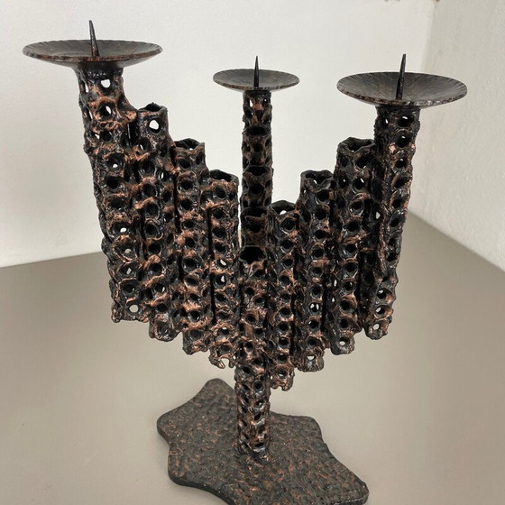 Image 1 of Pair of vintage brutalist metal candlesticks, France 1970s
