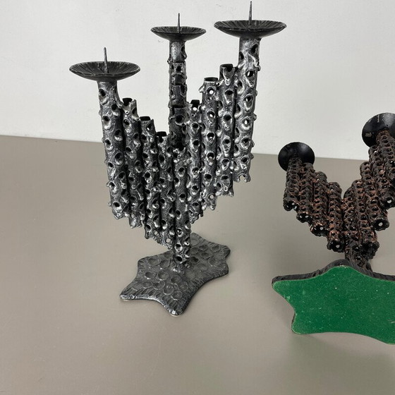 Image 1 of Pair of vintage brutalist metal candlesticks, France 1970s
