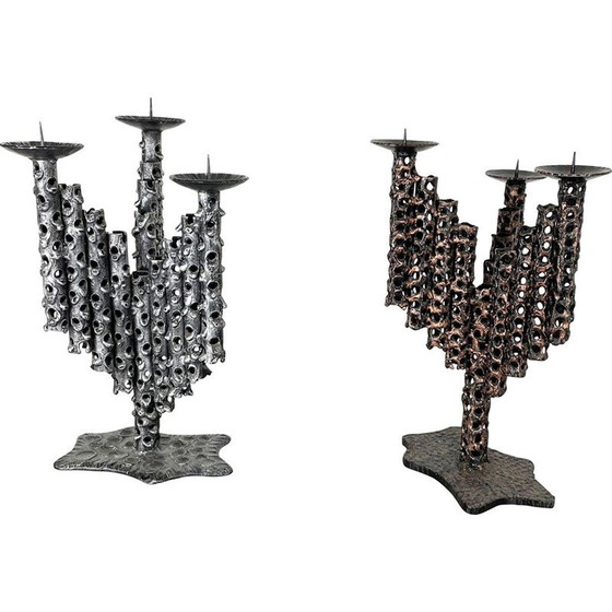 Image 1 of Pair of vintage brutalist metal candlesticks, France 1970s