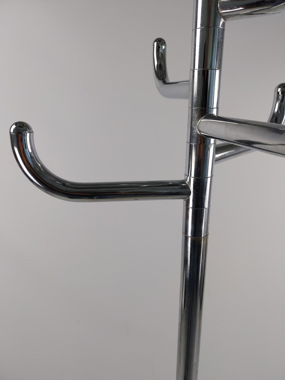 Image 1 of 1 x 1970's tube frame chrome steel standing coat rack. With 8 hooks.