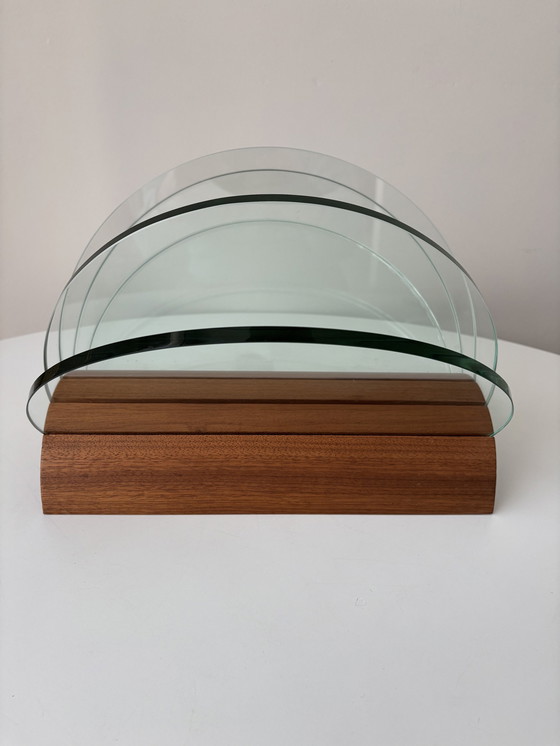 Image 1 of Post Modern Glass Magazine Holder/ Journal Rack With Wooden Base. Memphis Style 1980s