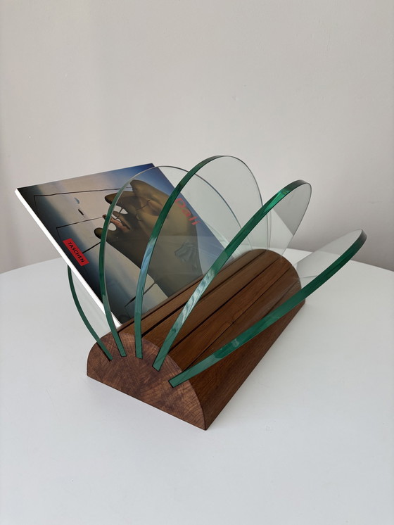 Image 1 of Post Modern Glass Magazine Holder/ Journal Rack With Wooden Base. Memphis Style 1980s