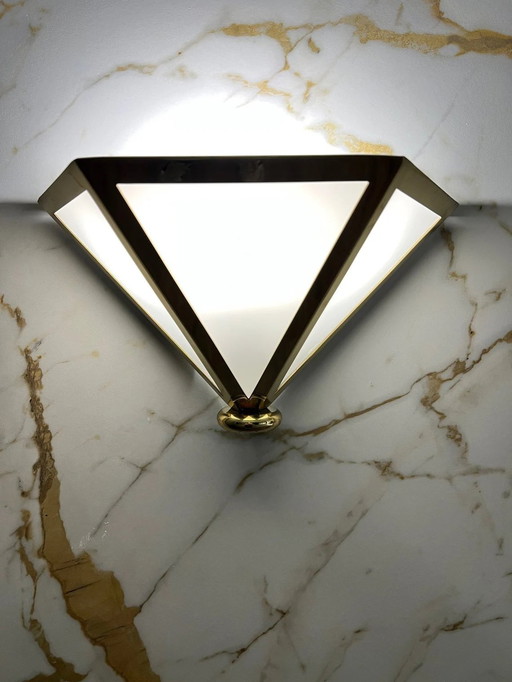 Sconce (1 Of 4), Wall Light, Art Deco, Mid Century Modern, Minimalist, Brass, Opaline Glass, Glashutte Limburg, Very Rare