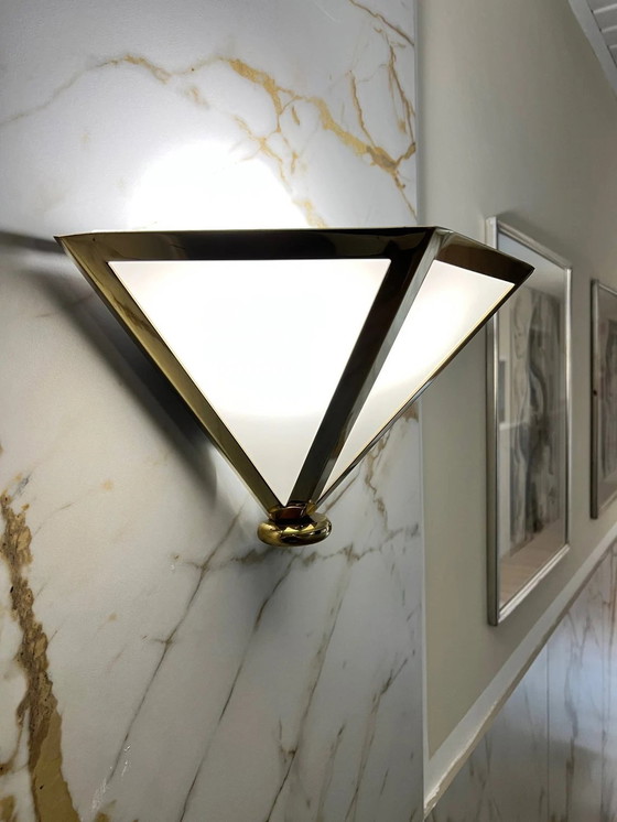 Image 1 of Sconce (1 Of 4), Wall Light, Art Deco, Mid Century Modern, Minimalist, Brass, Opaline Glass, Glashutte Limburg, Very Rare