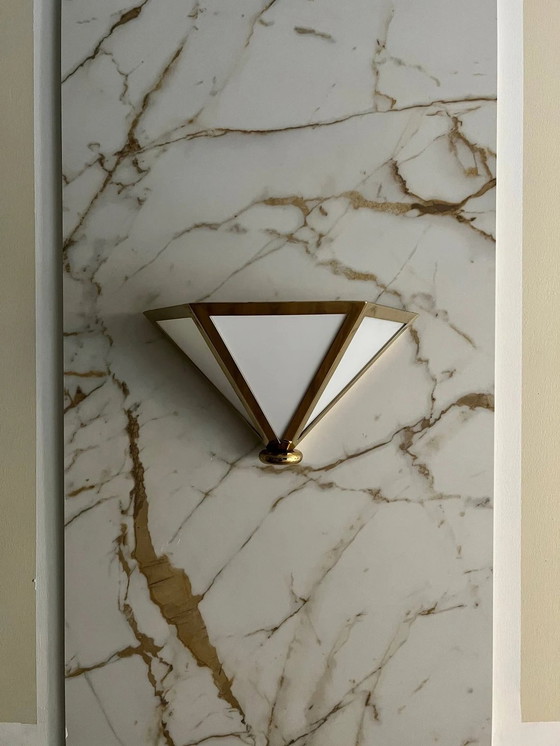 Image 1 of Sconce (1 Of 4), Wall Light, Art Deco, Mid Century Modern, Minimalist, Brass, Opaline Glass, Glashutte Limburg, Very Rare