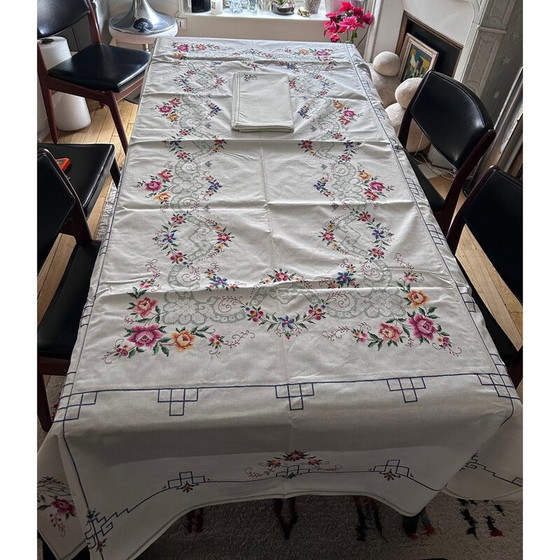 Image 1 of Vintage hand embroidered and openwork tablecloth and napkins, 1950