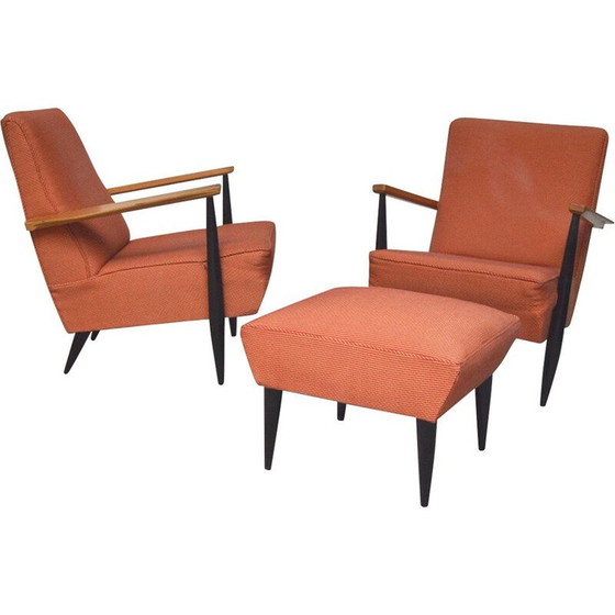 Image 1 of Pair of vintage orange fabric armchairs with ottoman, 1960