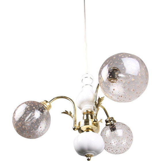 Image 1 of Vintage golden ceramic and glass chandelier, Italy