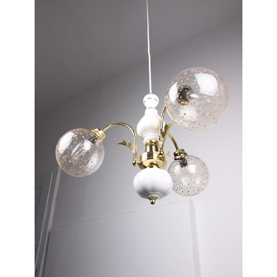 Image 1 of Vintage golden ceramic and glass chandelier, Italy