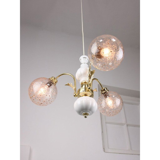 Vintage golden ceramic and glass chandelier, Italy