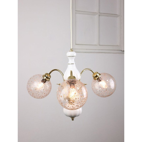 Image 1 of Vintage golden ceramic and glass chandelier, Italy