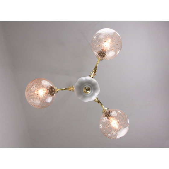 Image 1 of Vintage golden ceramic and glass chandelier, Italy