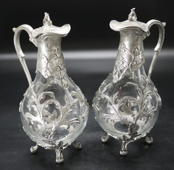 Image 1 of Pair of Blown Glass and Silvered Pewter Ewers in the Louis Xv Style.