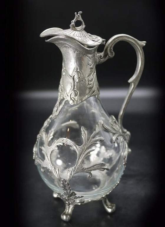 Image 1 of Pair of Blown Glass and Silvered Pewter Ewers in the Louis Xv Style.