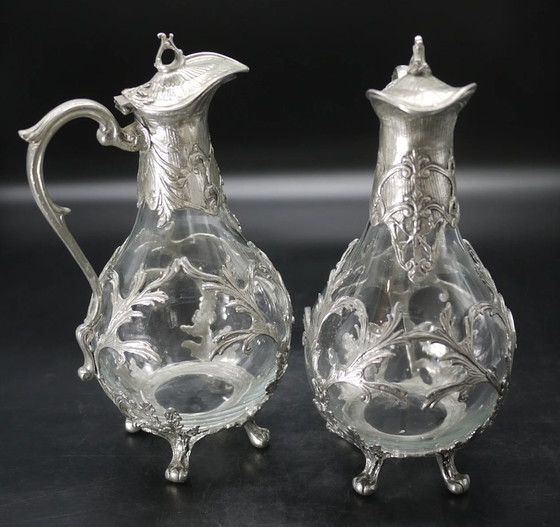 Image 1 of Pair of Blown Glass and Silvered Pewter Ewers in the Louis Xv Style.