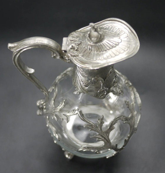 Image 1 of Pair of Blown Glass and Silvered Pewter Ewers in the Louis Xv Style.