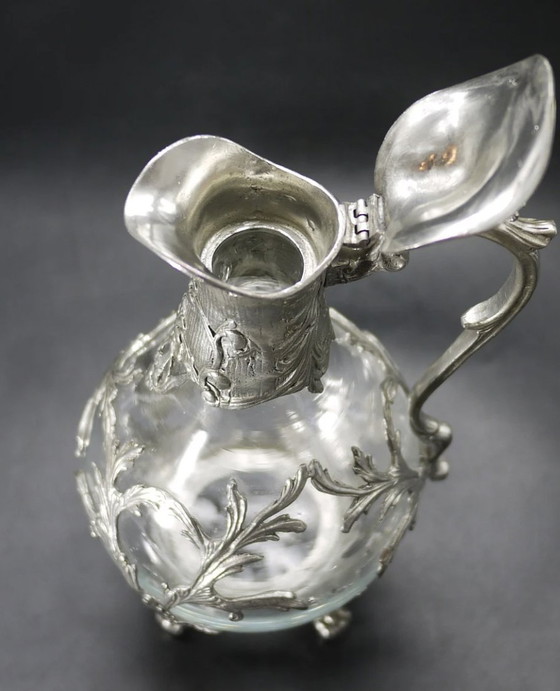 Image 1 of Pair of Blown Glass and Silvered Pewter Ewers in the Louis Xv Style.