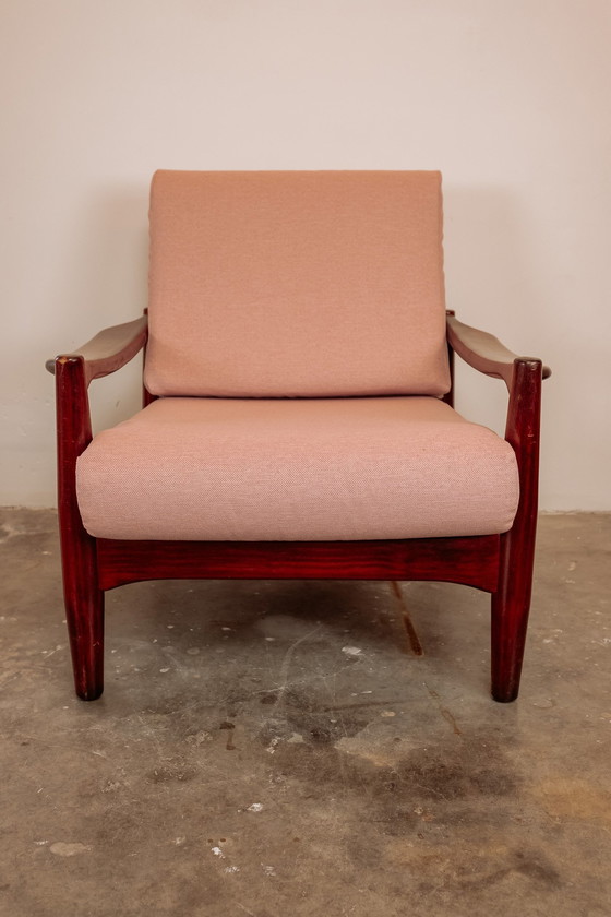 Image 1 of Vintage Teak 60s Armchair - New Upholstered Light Pink