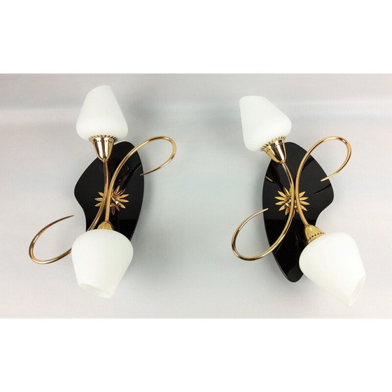 Image 1 of Pair of Arlus vintage sconces, black opaline and brass, 1960