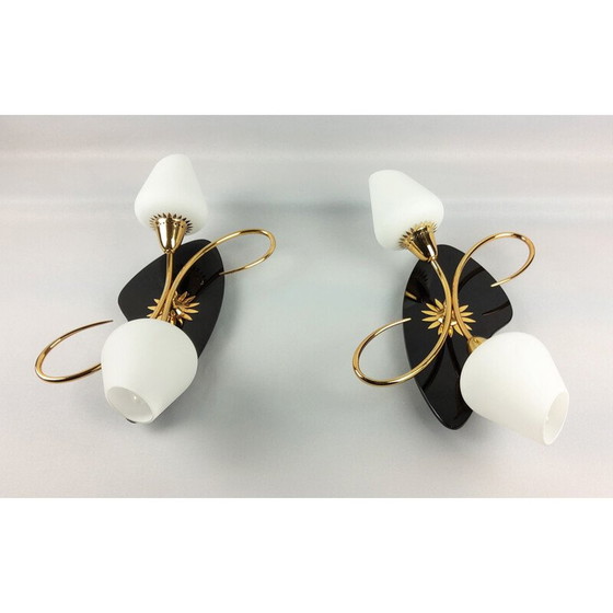 Image 1 of Pair of Arlus vintage sconces, black opaline and brass, 1960