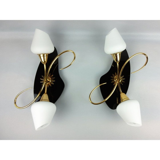 Image 1 of Pair of Arlus vintage sconces, black opaline and brass, 1960