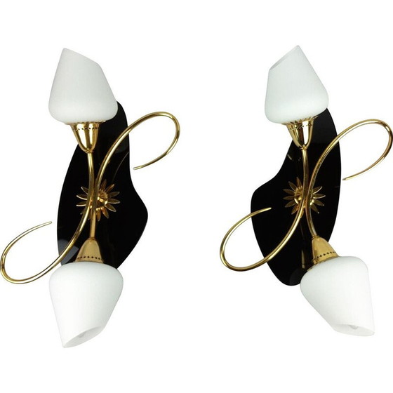 Image 1 of Pair of Arlus vintage sconces, black opaline and brass, 1960
