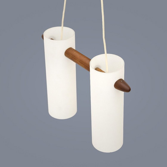 Image 1 of Lampada a sospensione vintage in vetro opalino e teak di Uno e Östen Kristiansson per Luxus, Svezia 1960