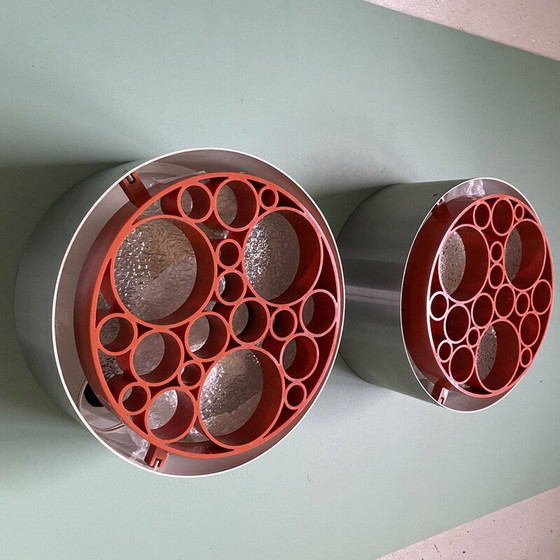 Image 1 of Pair of vintage "Alliance" ceiling lamp in brushed aluminum and glass for Raak, Netherlands 1968