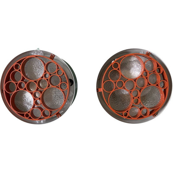 Image 1 of Pair of vintage "Alliance" ceiling lamp in brushed aluminum and glass for Raak, Netherlands 1968