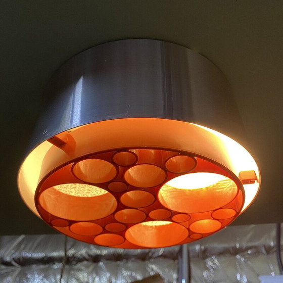 Image 1 of Pair of vintage "Alliance" ceiling lamp in brushed aluminum and glass for Raak, Netherlands 1968