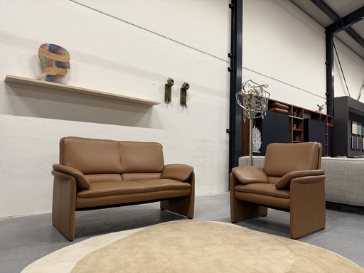 Leolux Catalpa Sofa 2 Seater & Armchair Brown Leather