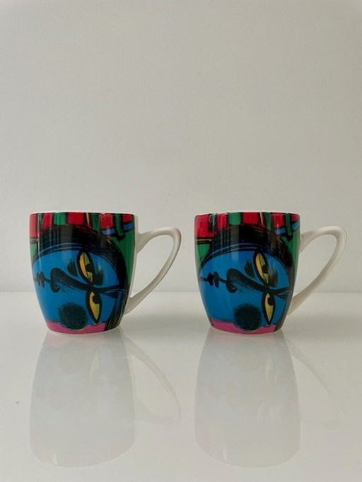 2 Espresso Cups Corneille. 'L'Oise Et Chat Jaune'