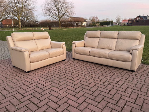 3 + 2.5 Seater Real Leather Cream Sofa Set