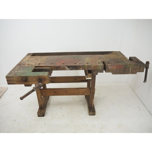 Mid century oakwood workbench, Czechoslovakia 1950s