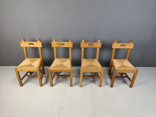Vintage Oak And Wicker Brutalist Chairs, 1960S