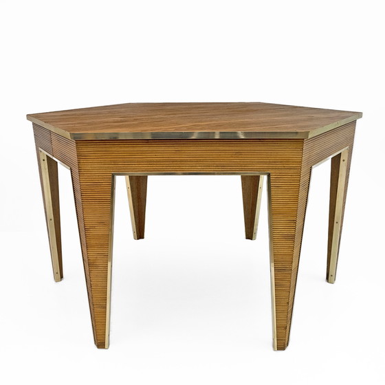 Image 1 of Mid-Century Modern Oak And Brass Extendable Dining Table, Italy, 1970S