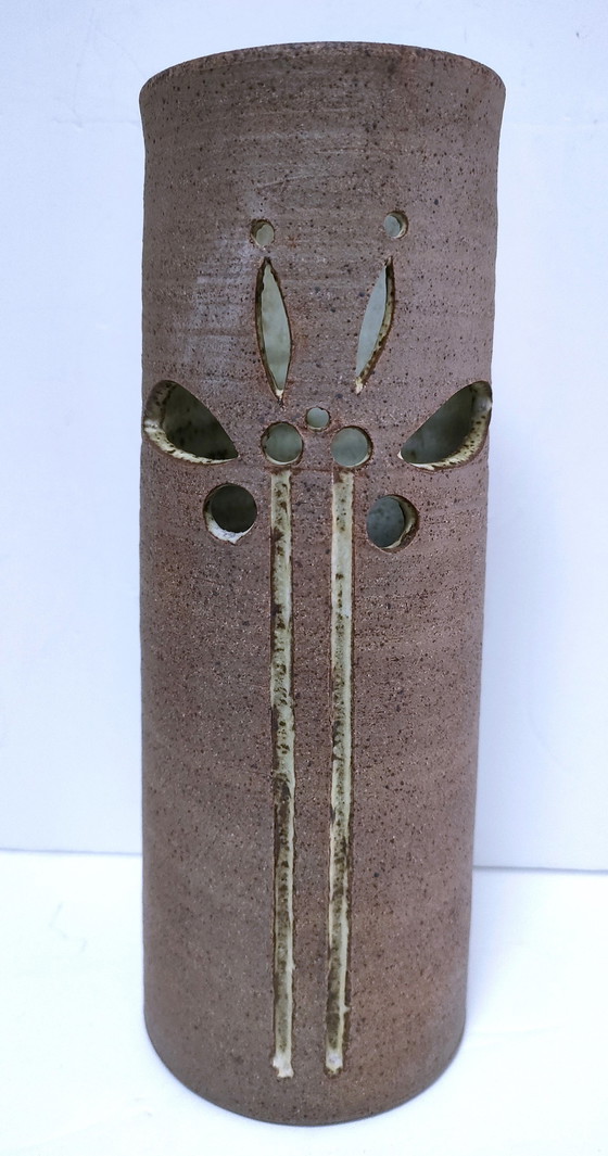 Image 1 of Three Enameled Vintage Stoneware Vases