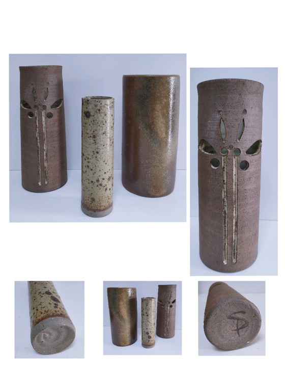Image 1 of Three Enameled Vintage Stoneware Vases