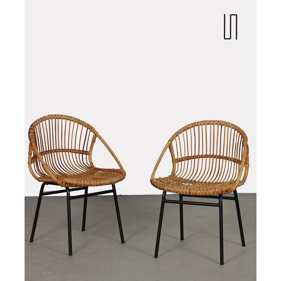 Image 1 of Pair of vintage wood and wicker armchairs by Jan Kalous for Uluv, 1960