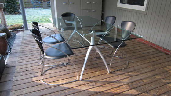 Image 1 of Glass "Rolf Benz "Dining Room Table+5 Leather "Arrben "Chairs.