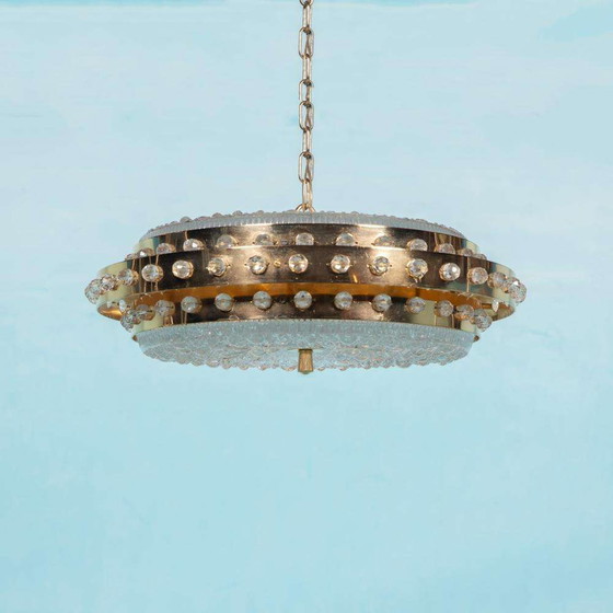 Image 1 of Lampe suspendue midmod regency en verre et laiton, Orrefors Sweden